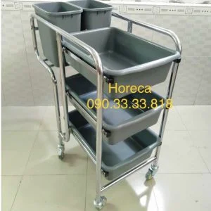 Xe đẩy dọn thức ăn thừa, chén bát đũa bẩn