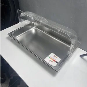 khay trưng bày thức ăn, đựng bánh inox có nắp chụp KB17