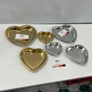 đĩa (dĩa) inox 304 hàn quốc [hình tim], khay inox vàng trang trí, đựng thức ăn, dụng cụ (nhiều kích thước)