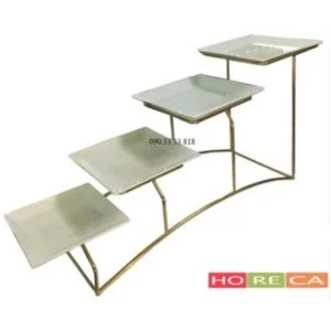 kệ trưng bày buffet 4 tầng dĩa vuông inox vàng, kệ inox trưng bày trang trí thức ăn KB34