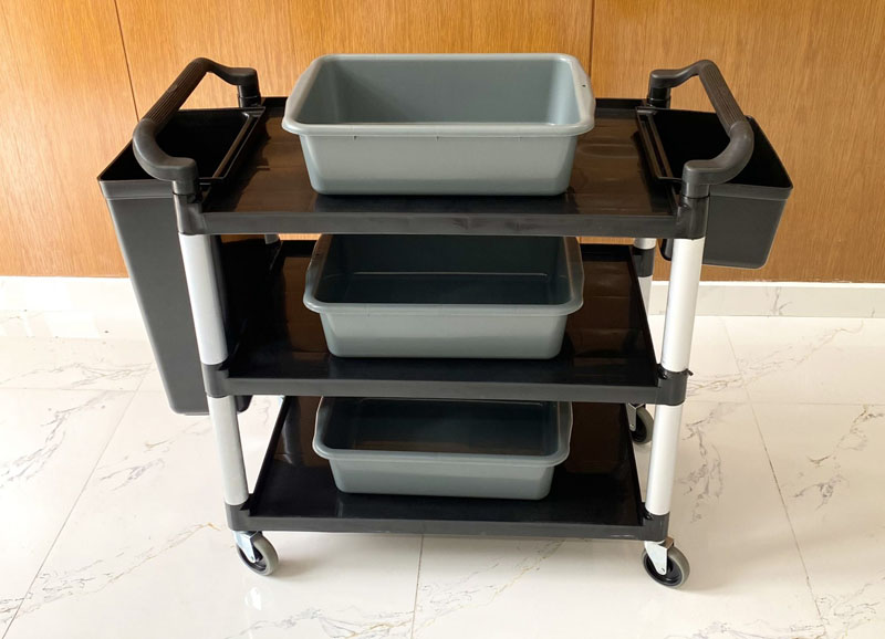 Xe phục vụ 3 tầng đen L-010B-3 (3 thau xám + 2 xô đen)