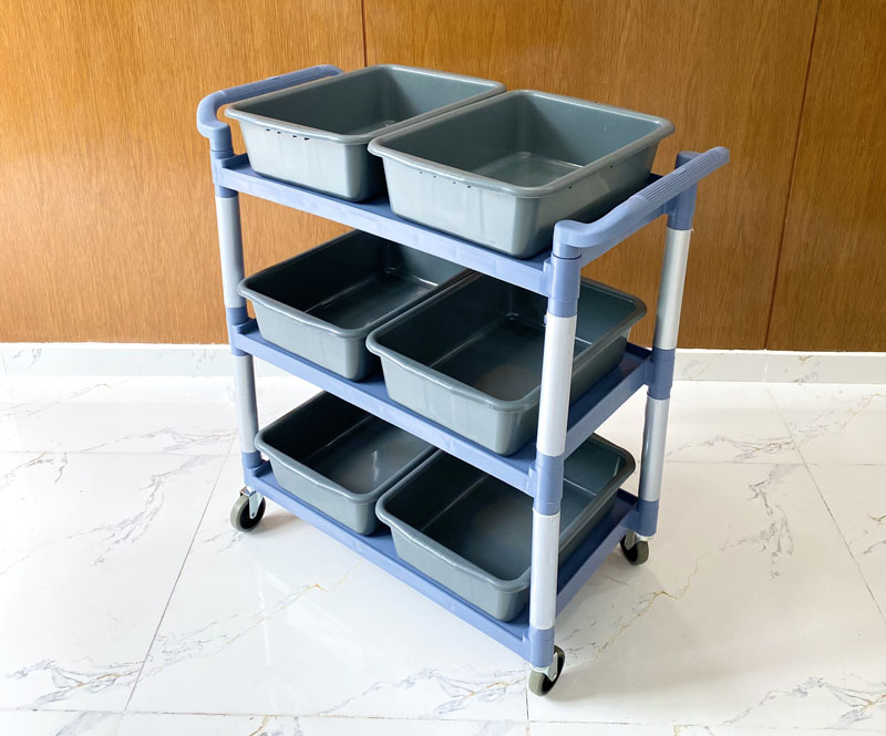 Xe phục vụ 3 tầng xám L-010-4 gồm 6 thau xám chất nhựa cao cấp