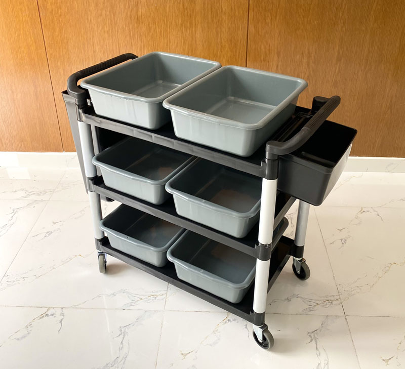 Xe phục vụ 3 tầng xám L-010-5 (6 thau xám + 2 xô đen) có cấu trúc xe chắc chắn, độ bền cao